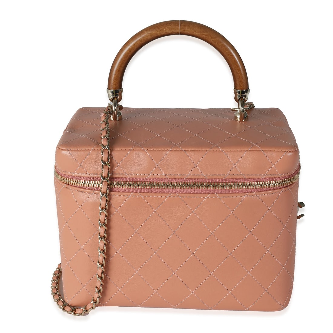 Chanel Knock On Wood Pink Quilted Vanity Case with Dustbag and Authenticity Card: Chanel Knock On Wood Pink Quilted Vanity Case with Dustbag and Authenticity Card This Chanel Knock On Wood Vanity Case exudes elegance with its charming pink quilted lambskin leather. The bag features