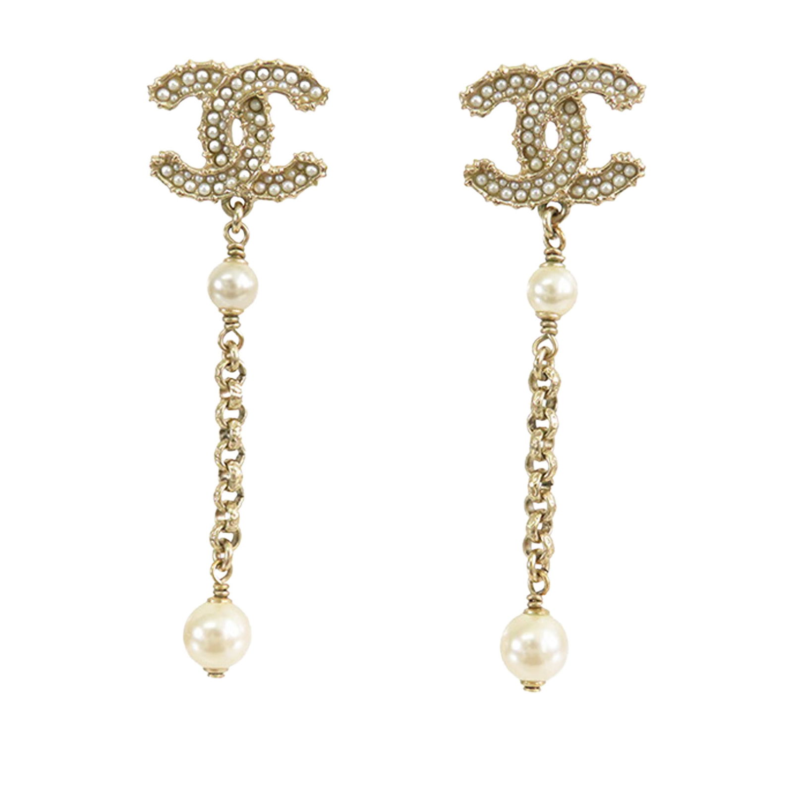 Chanel Gold Plated Faux Pearl CC Dangle Earrings (1 of 7)