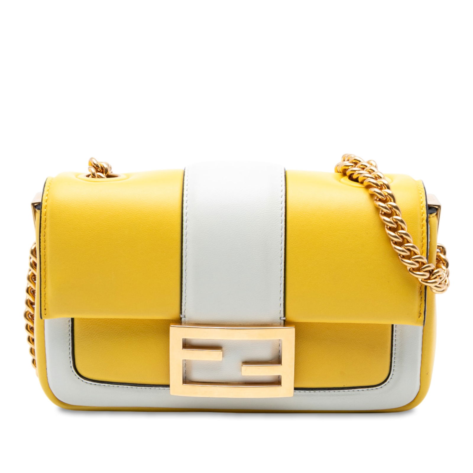 Fendi Mini Bicolor Nappa Apolo Chain Baguette Shoulder Bag Yellow: Fendi Mini Bicolor Nappa Apolo Chain Baguette Shoulder Bag Yellow This Fendi Mini Bicolor Nappa Apolo Chain Baguette Shoulder Bag is a stylish accessory crafted from high-quality leather. It features