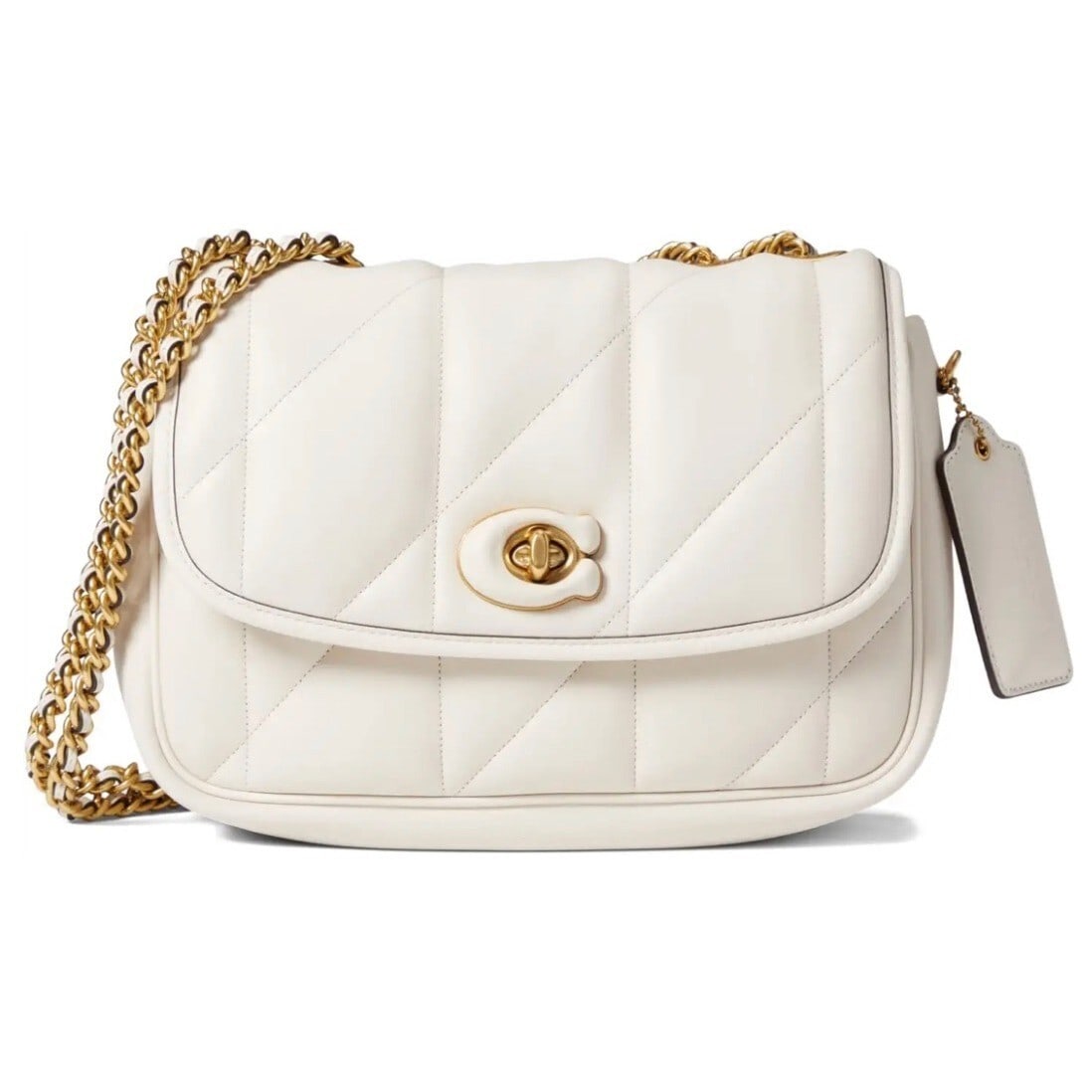 COACH Madison Pillow Quilted Leather Shoulder Bag Chalk Gold Chain Strap: COACH Madison Pillow Quilted Leather Shoulder Bag Chalk Gold Chain Strap The COACH Quilted Pillow Madison Shoulder Bag combines elegant design with practical features, making it the perfect accessory