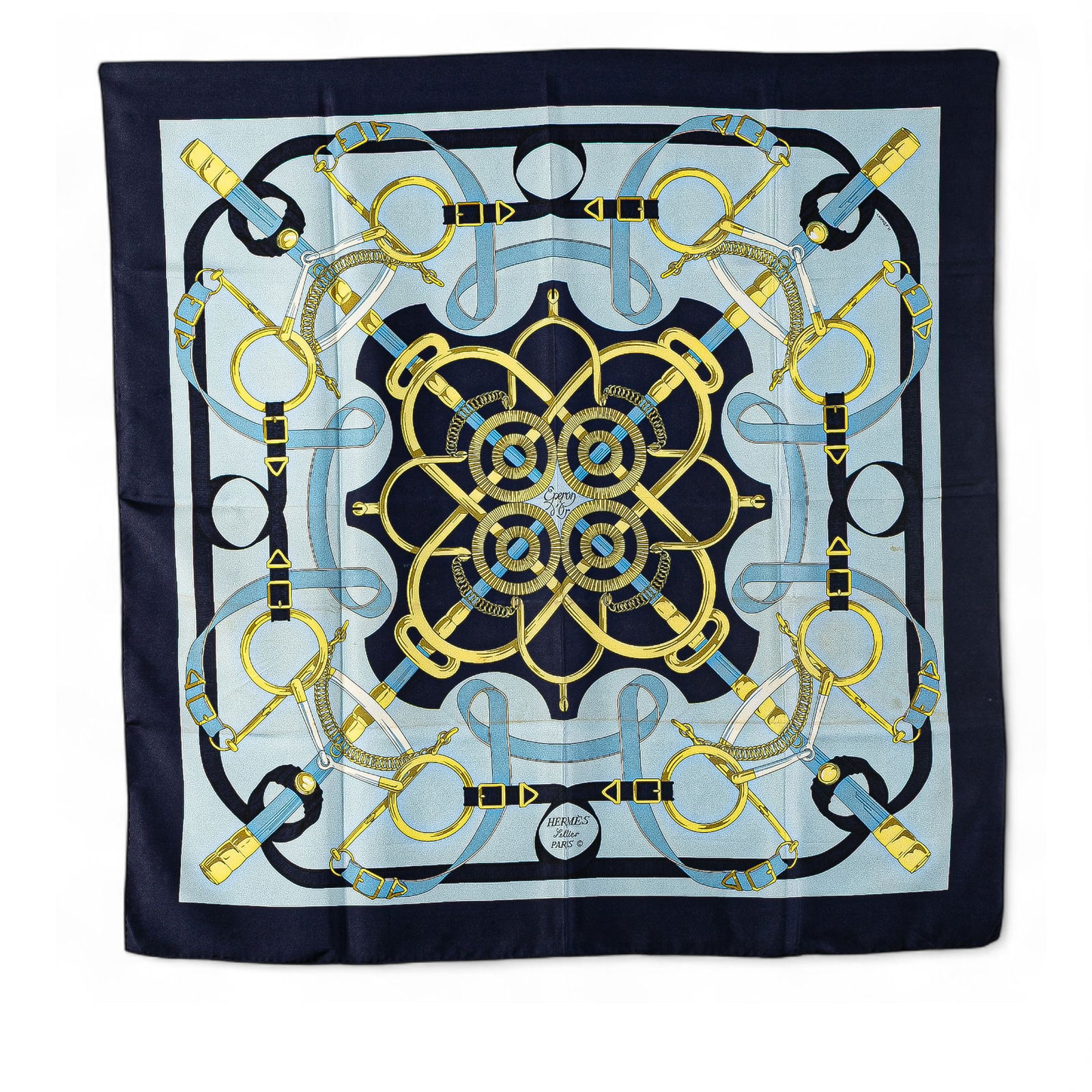 Hermes Eperon D'Or Blue Silk Scarf 100% Silk France (1 of 7)