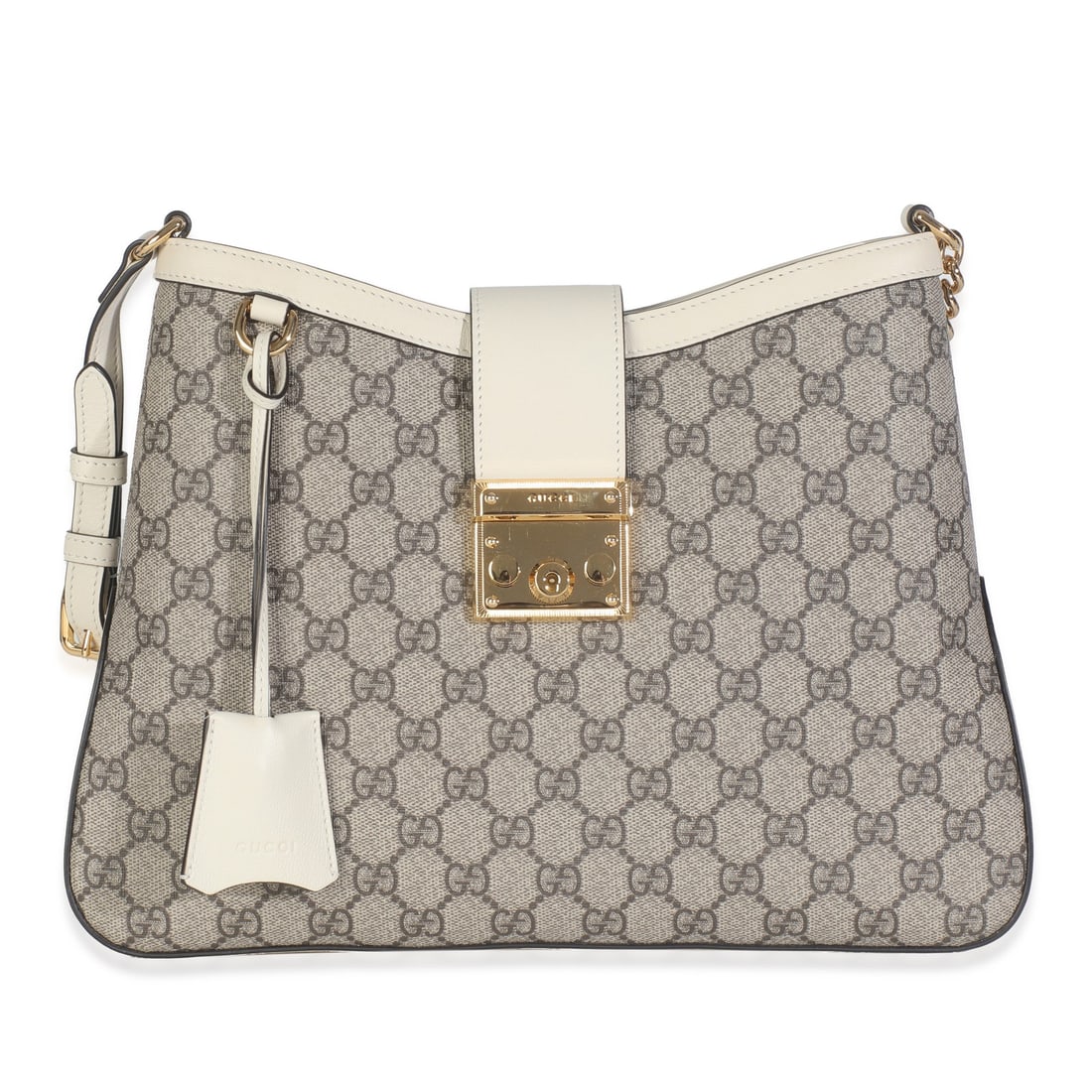 Gucci Medium Padlock Shoulder Bag Beige GG Canvas Gold-Tone Hardware: Gucci Medium Padlock Shoulder Bag Beige GG Canvas Gold-Tone Hardware Elevate your style with the Gucci Medium Padlock Shoulder Bag, crafted from a luxurious blend of beige GG Supreme canvas and smooth