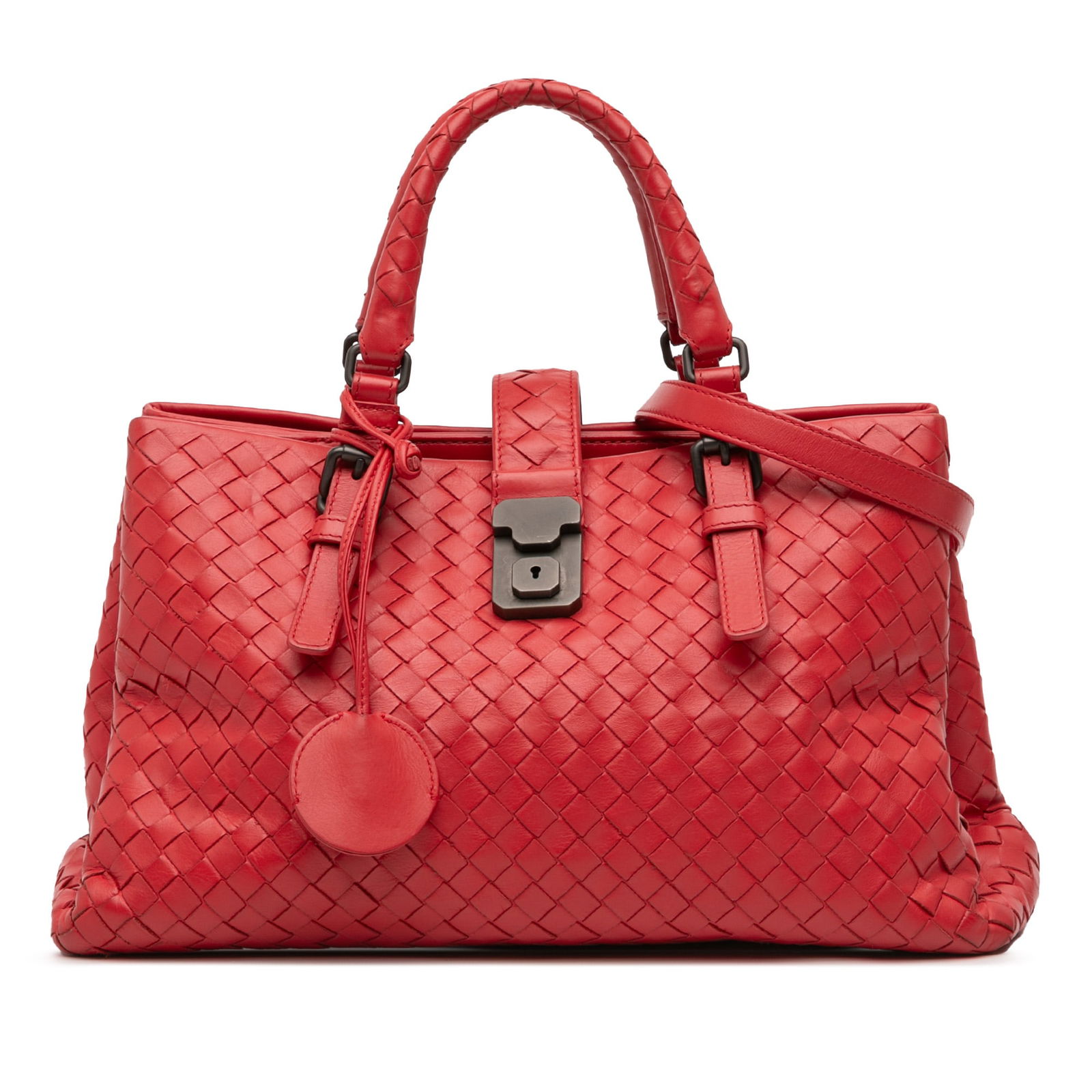 Bottega Veneta Small Roma Satchel Red Nappa Leather Bag: Bottega Veneta Small Roma Satchel Red Nappa Leather Bag Introducing the Bottega Veneta Small Nappa Intrecciato Roma Satchel, an exquisite piece crafted from woven nappa leather. This elegant satchel f