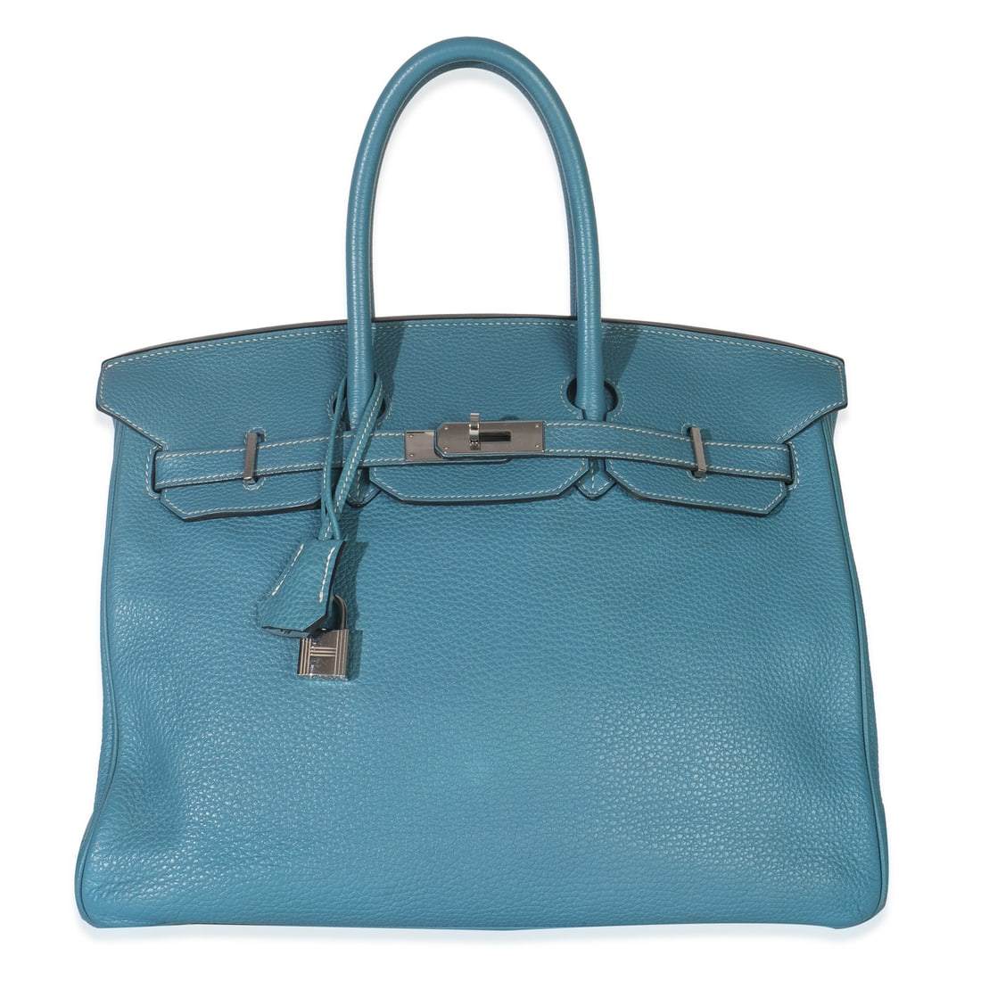 Hermes Birkin 35 Blue Jean Togo Leather Handbag with Silver-Tone Hardware: Hermes Birkin 35 Blue Jean Togo Leather Handbag with Silver-Tone Hardware This exquisite Hermes Blue Jean Togo Birkin 35 is a luxurious handbag crafted in France. The bag features a stunning blue leat