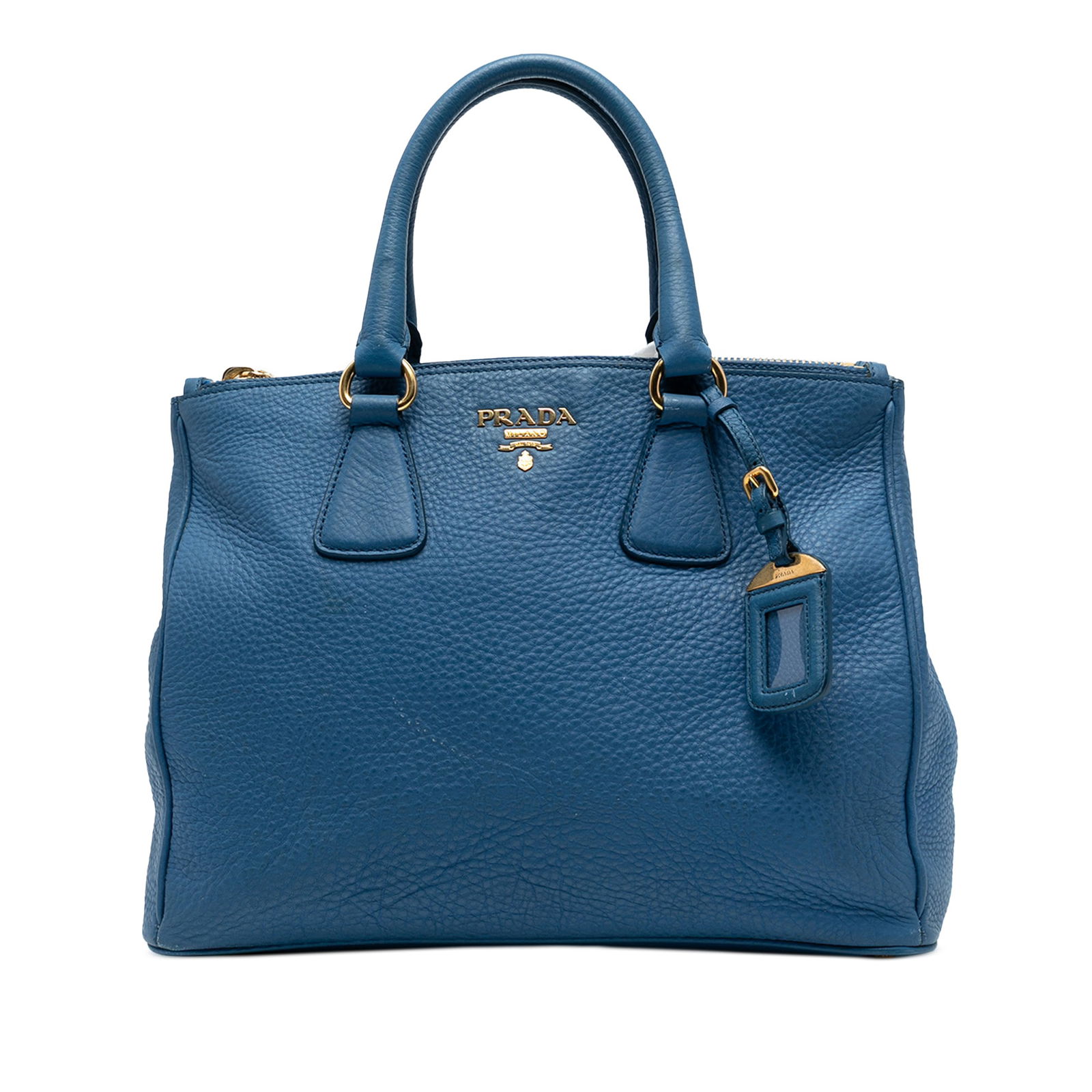 Prada Vitello Daino Blue Double Zip Tote Handbag: Prada Vitello Daino Blue Double Zip Tote Handbag The Prada Vitello Daino Double Zip Convertible Tote is a stylish and functional leather satchel designed for versatility. It features rolled leather ha