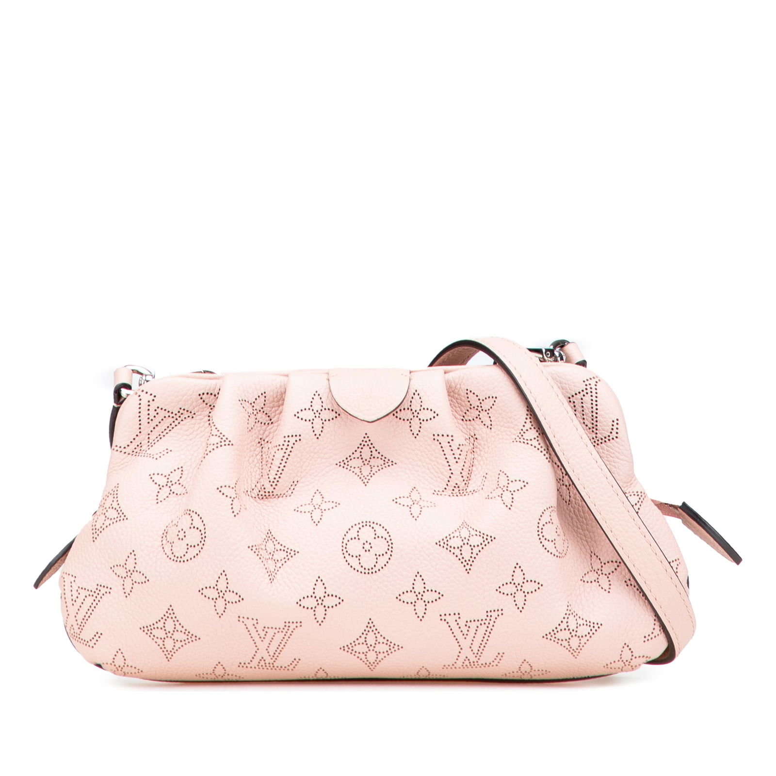Louis Vuitton Monogram Mahina Scala Mini Pouch in Pink Leather: Louis Vuitton Monogram Mahina Scala Mini Pouch in Pink Leather The Louis Vuitton Monogram Mahina Scala Mini Pouch showcases an elegant perforated leather design in a stunning pink hue. This stylish po
