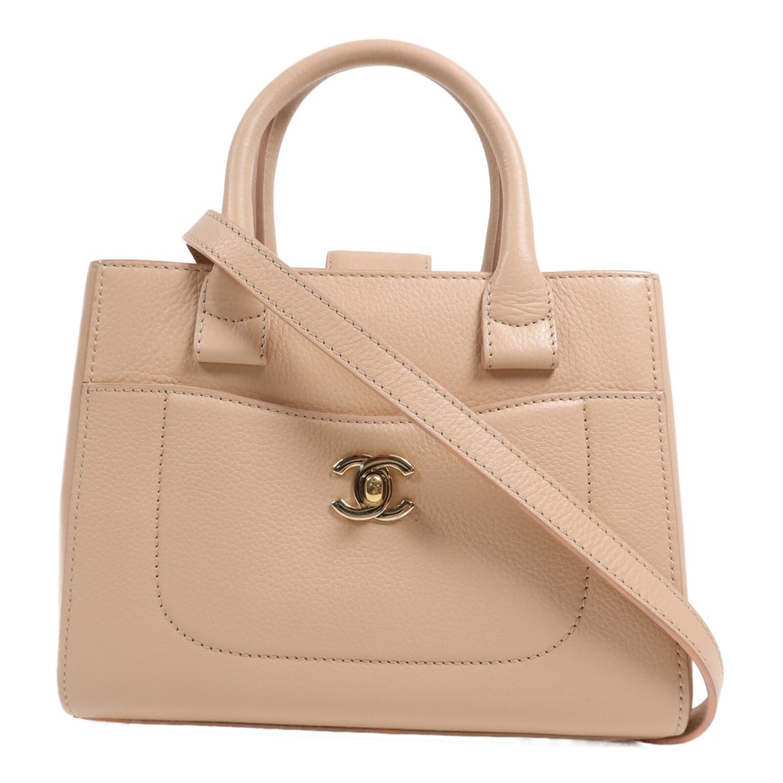 CHANEL Beige Calfskin 2 Way Shoulder Bag with Gold Hardware: CHANEL Beige Calfskin 2 Way Shoulder Bag with Gold Hardware This elegant CHANEL 2 Way Shoulder Bag is crafted from high-quality calfskin leather in a sophisticated beige color. The bag features a vers