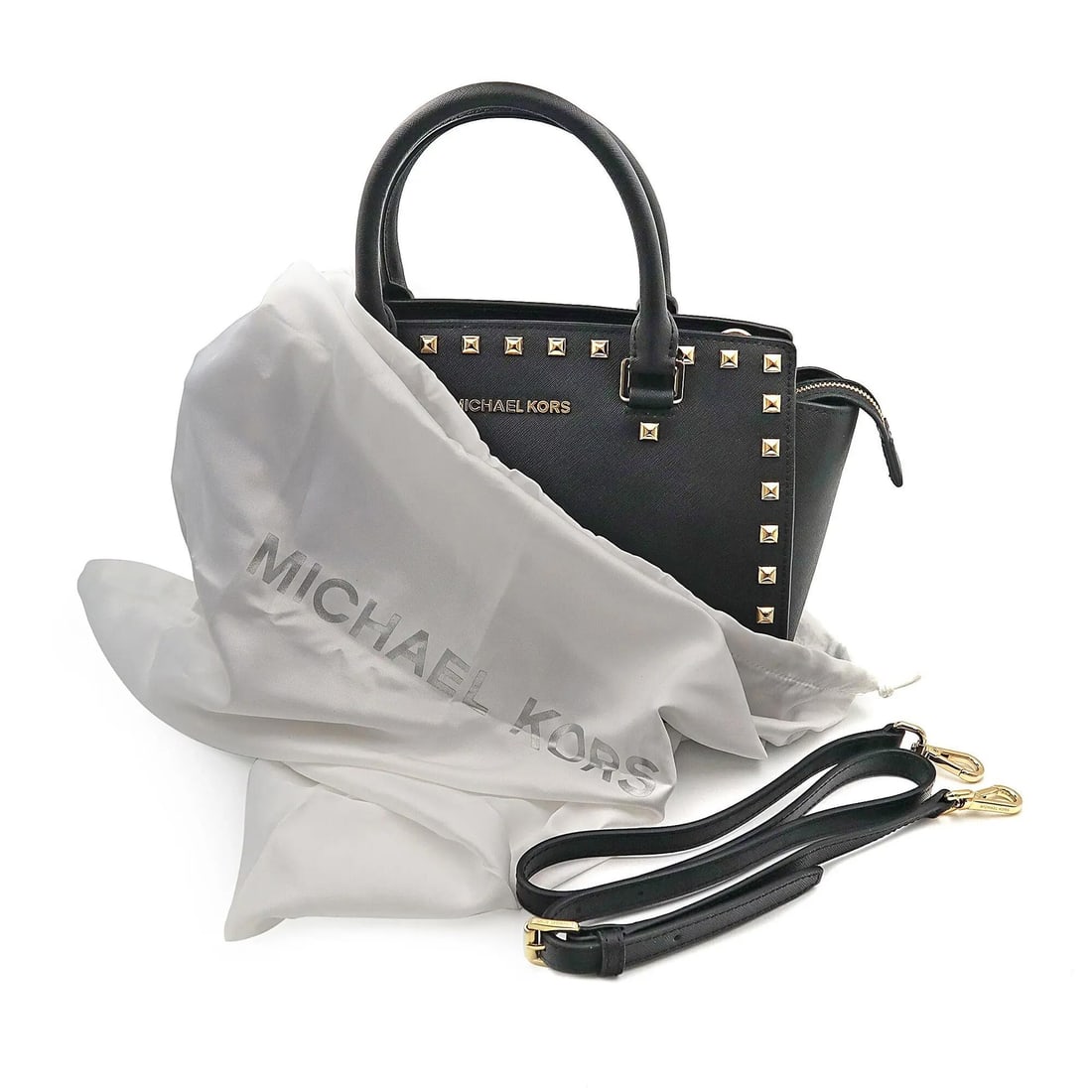 Michael Kors Selma Satchel 30T3GSMS2L-001 Black Studded Leather Handbag - 12