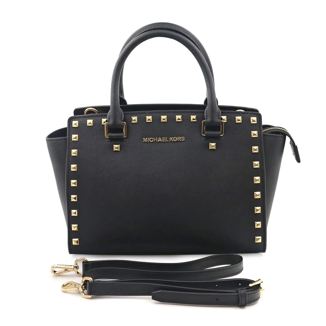 Michael Kors Selma Satchel 30T3GSMS2L-001 Black Studded Leather Handbag: Michael Kors Selma Satchel 30T3GSMS2L-001 Black Studded Leather Handbag Introducing the Michael Kors Selma 30T3GSMS2L-001 Studded Saffiano Ladies Purse, a chic and stylish satchel designed for the mod