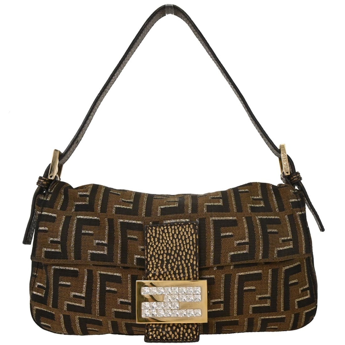 Fendi Brown Canvas Zucca Baguette Handbag with Gold Hardware: Fendi Brown Canvas Zucca Baguette Handbag with Gold Hardware This Fendi Baguette handbag showcases a stylish brown canvas exterior adorned with the iconic Zucca logo. Measuring 10 inches in width, 6 i