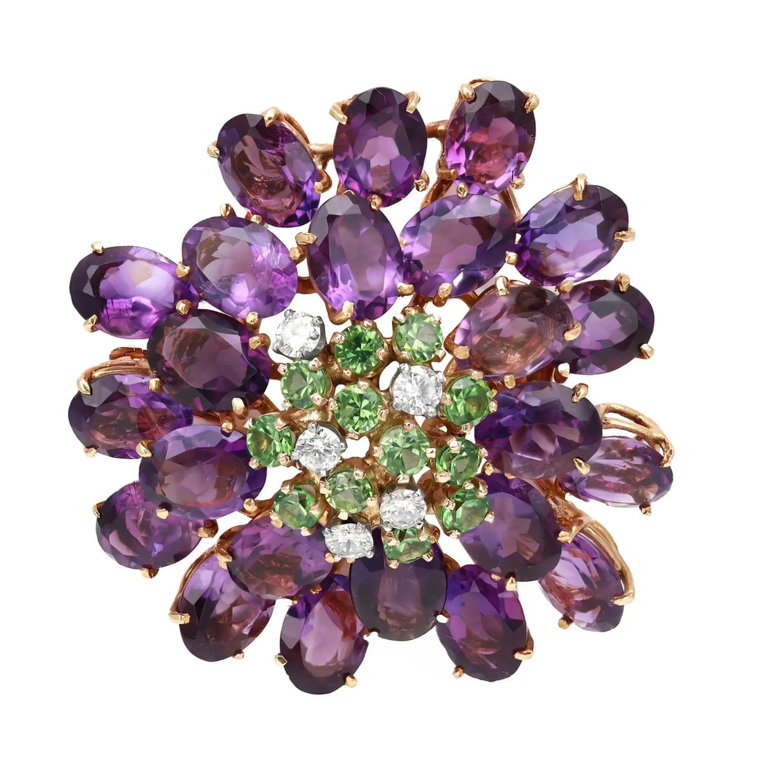 Rachel Koen 18K Yellow Gold Amethyst Green Quartz Diamond Flower Brooch (1 of 4)