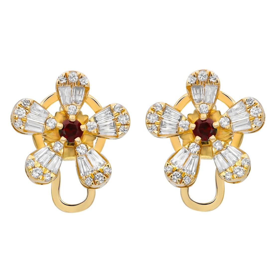 Rachel Koen Ruby Diamond Flower Stud Earrings 14K Yellow Gold 1.38 Cttw (1 of 4)