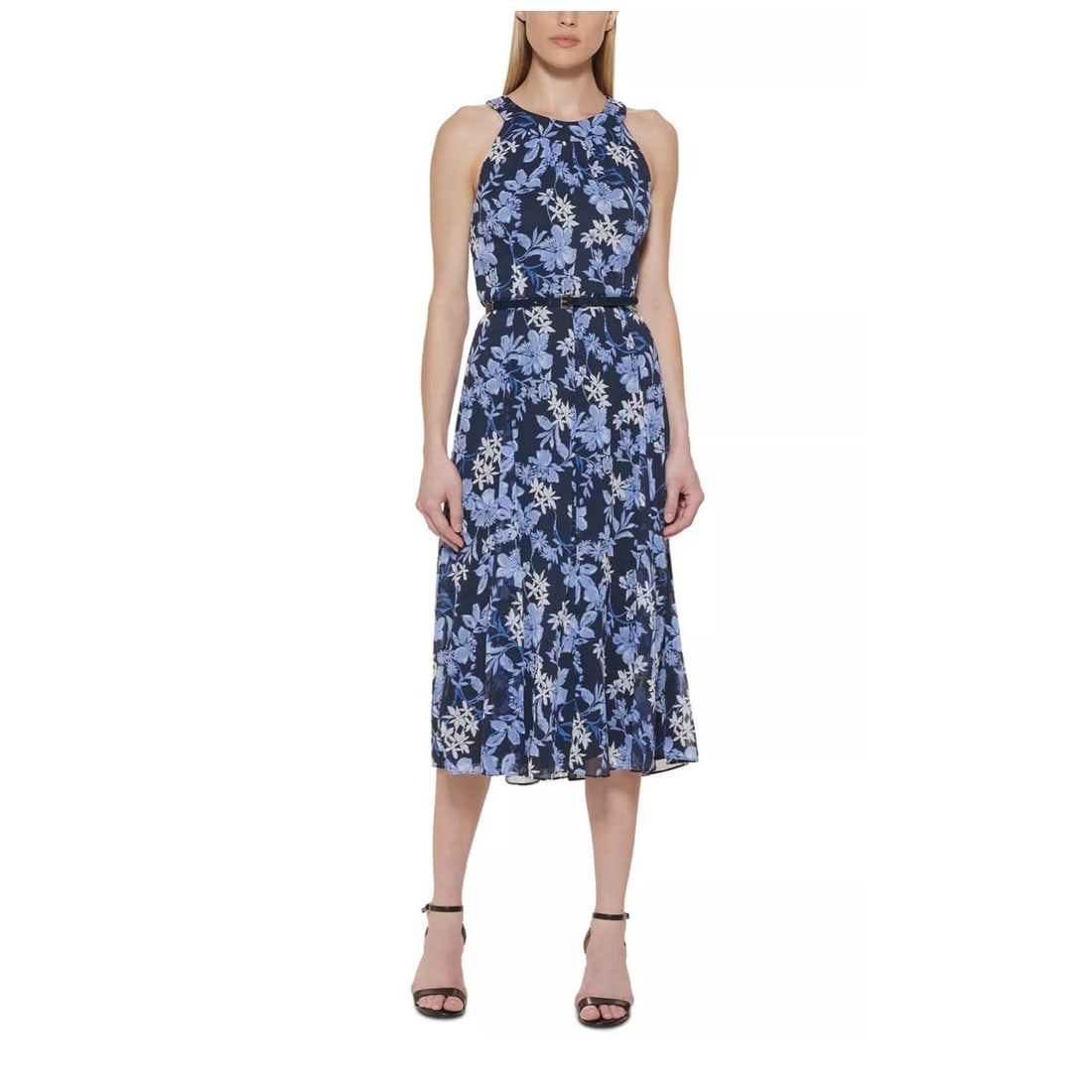 Tommy Hilfiger Floral Midi Dress Blue 12P Belted Halter Neckline: Tommy Hilfiger Floral Midi Dress Blue 12P Belted Halter Neckline Elevate your spring and summer wardrobe with this exquisite Tommy Hilfiger Floral Print Belted Sheer Halter Neckline Midi Dress. Crafte