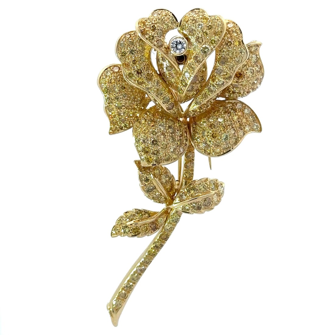 18k Yellow Gold GIA 8.50ct Fancy Yellow Diamond Rose Brooch: 18k Yellow Gold GIA 8.50ct Fancy Yellow Diamond Rose Brooch This exquisite 18k Yellow Gold brooch is designed in the shape of a large rose flower, adorned with numerous natural genuine diamonds. The m