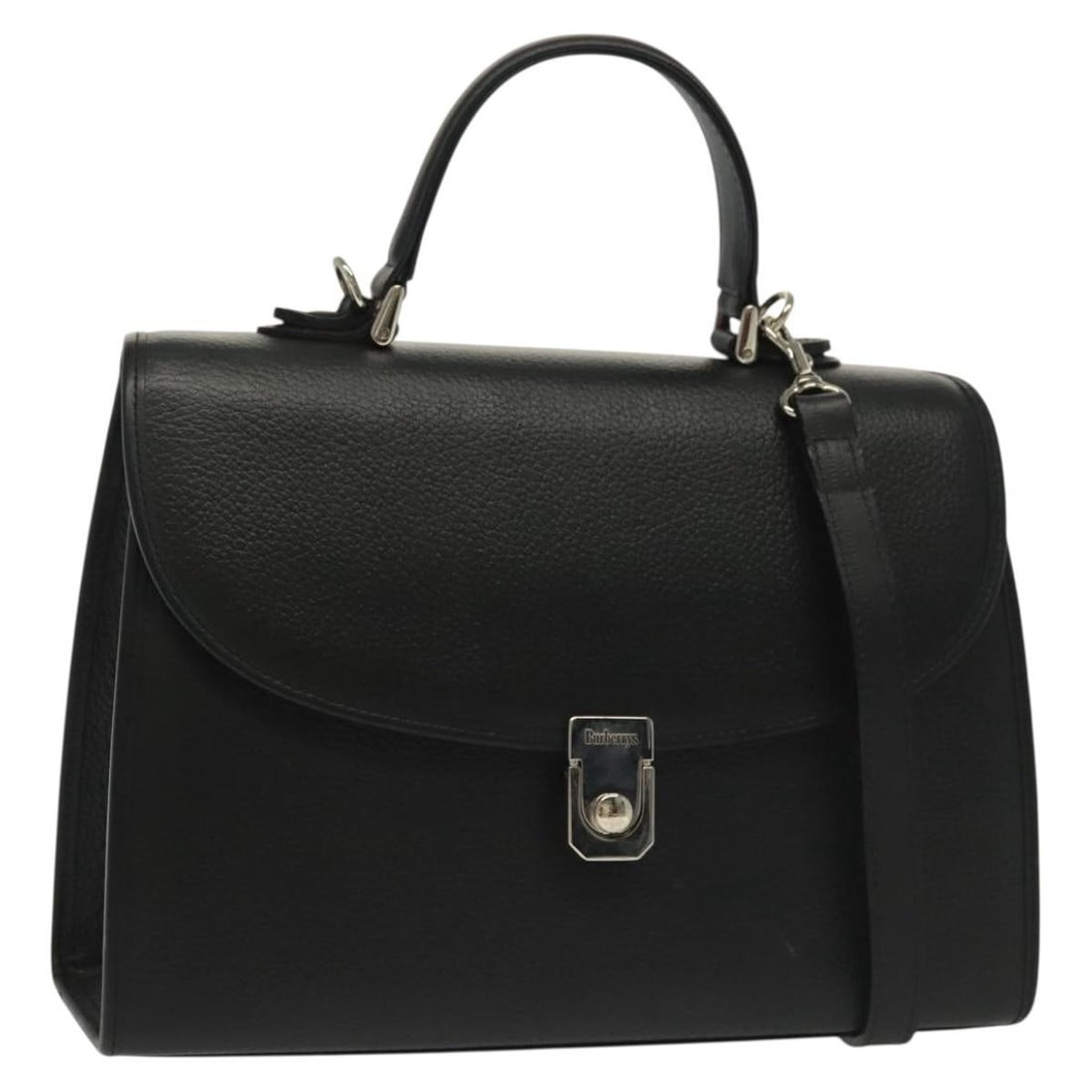 Burberrys Leather Black and Silver 2-Way Hand Bag with Strap: Burberrys Leather Black and Silver 2-Way Hand Bag with Strap This stylish Burberrys hand bag is crafted from high-quality leather, featuring a sleek black and silver exterior. The bag is designed for