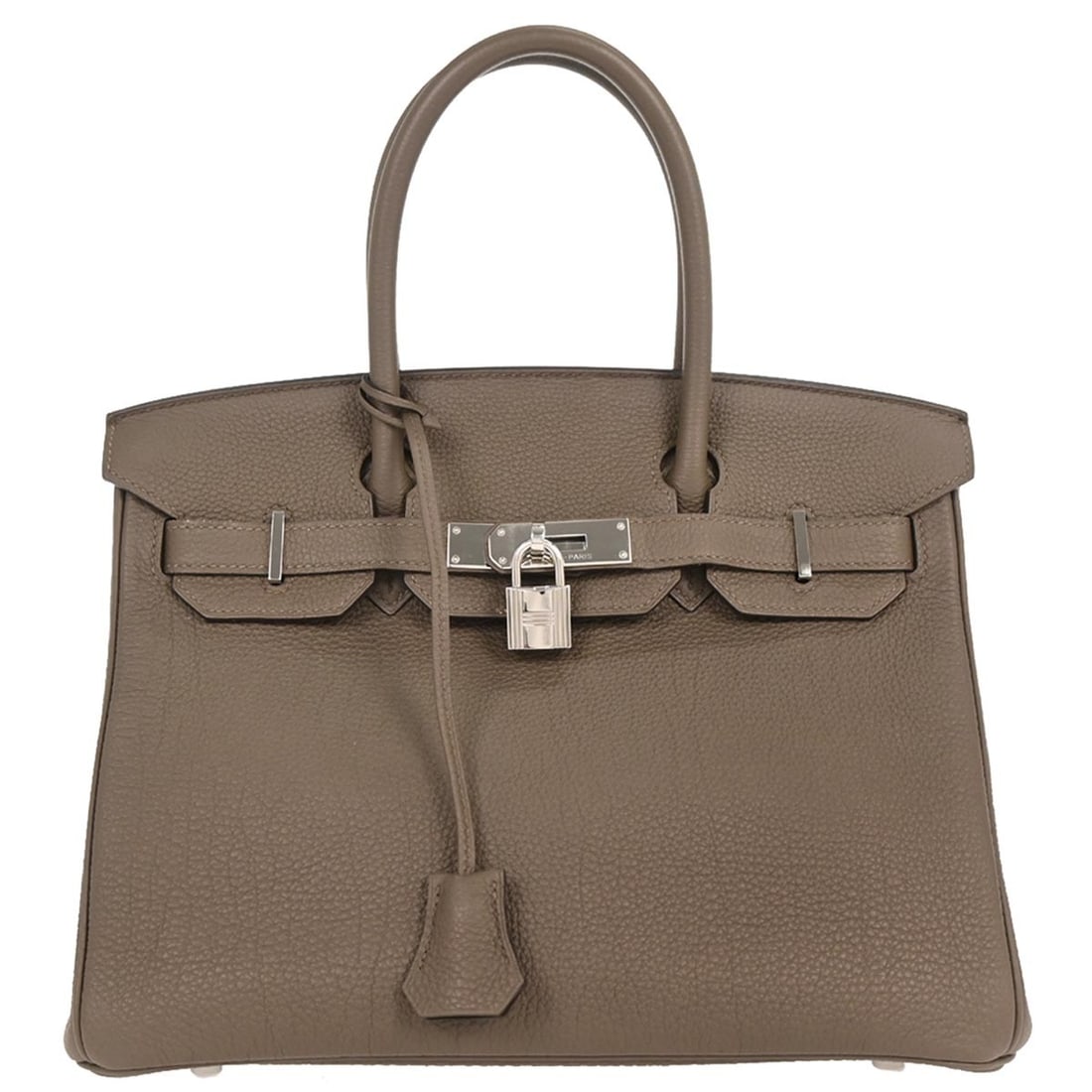 Hermes Birkin 30 Togo Gray Handbag with Silver Hardware: Hermes Birkin 30 Togo Gray Handbag with Silver Hardware Introducing the luxurious Hermes Birkin 30 handbag in a sophisticated Togo leather, featuring a stunning taupe gray exterior. Designed for casua