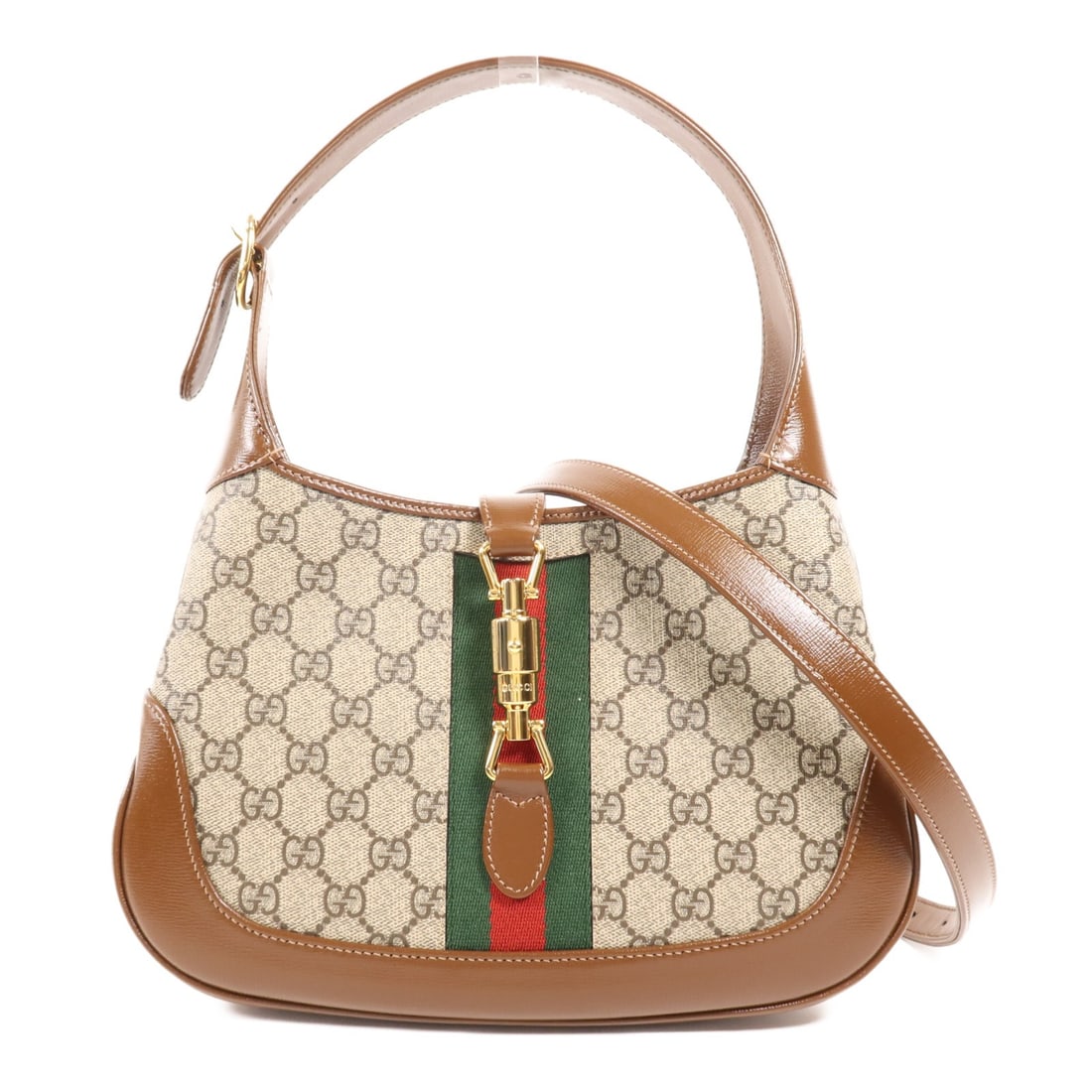 GUCCI GG GHW Jackie 1961 Small Brown Shoulder Bag Calfskin Leather: GUCCI GG GHW Jackie 1961 Small Brown Shoulder Bag Calfskin Leather This exquisite GUCCI GG Jackie 1961 Small Shoulder Bag is crafted from high-quality calfskin leather and PVC, showcasing a rich brown