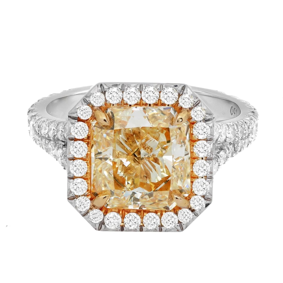 Rachel Koen 3.03ct Yellow Diamond Halo Engagement Ring Platinum GIA Certified: Rachel Koen 3.03ct Yellow Diamond Halo Engagement Ring Platinum GIA Certified Presenting an exquisite engagement ring that beautifully combines elegance and sophistication. This stunning piece feature