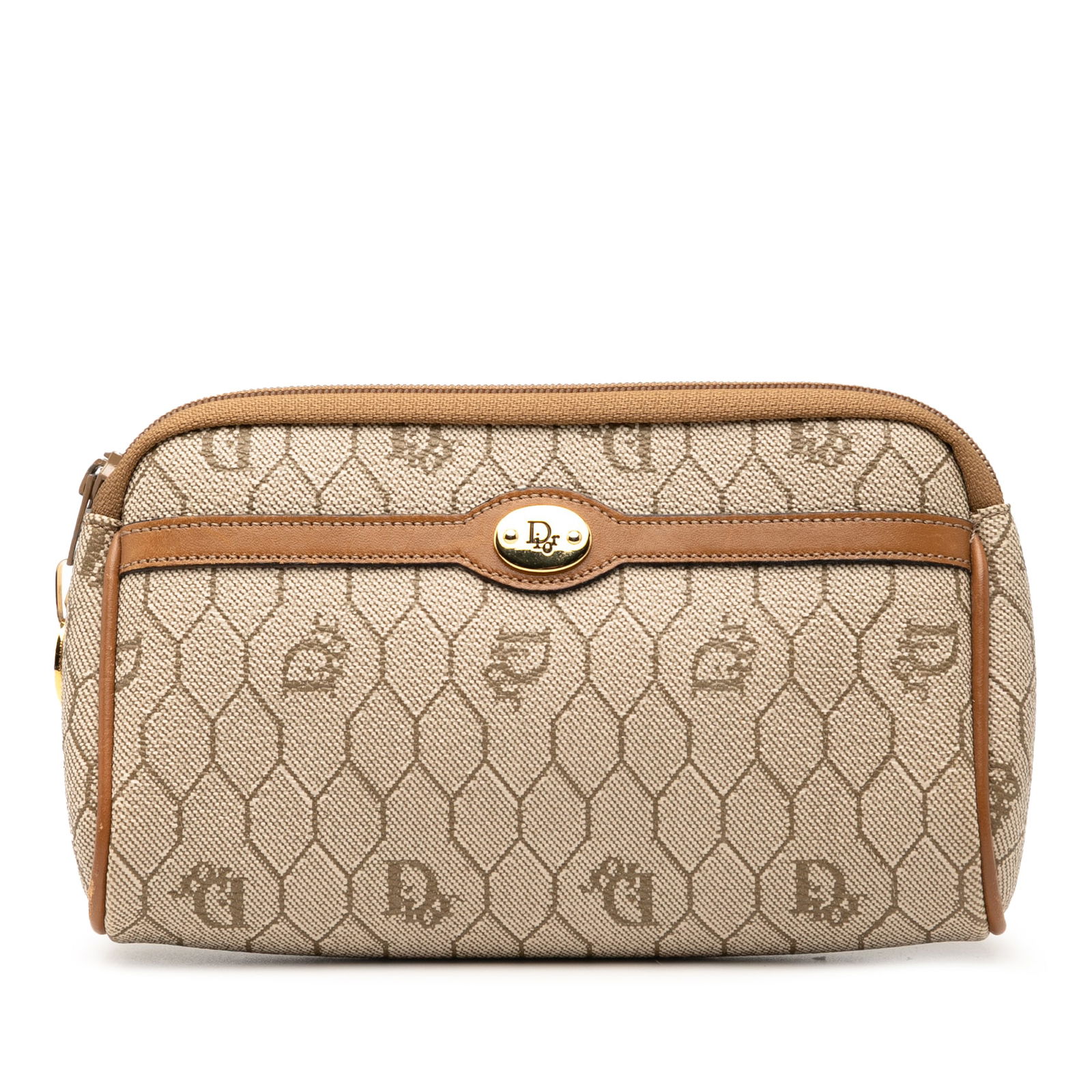 Dior Honeycomb Canvas Pouch Coated Fabric Brown: Dior Honeycomb Canvas Pouch Coated Fabric Brown This Dior Honeycomb Coated Canvas Pouch showcases a stylish yet practical design with a durable coated canvas body complemented by leather trim. The pou