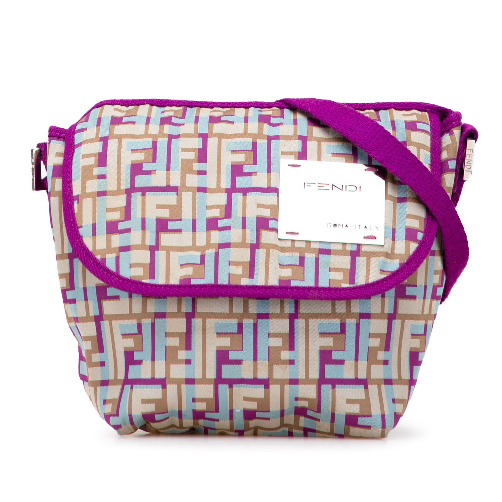 Fendi Zucca Purple Nylon Crossbody Bag Made in Italy: Fendi Zucca Purple Nylon Crossbody Bag Made in Italy This Fendi Zucca Nylon Crossbody bag showcases a stylish nylon body in a vibrant purple hue. It features an adjustable flat strap for comfortable w