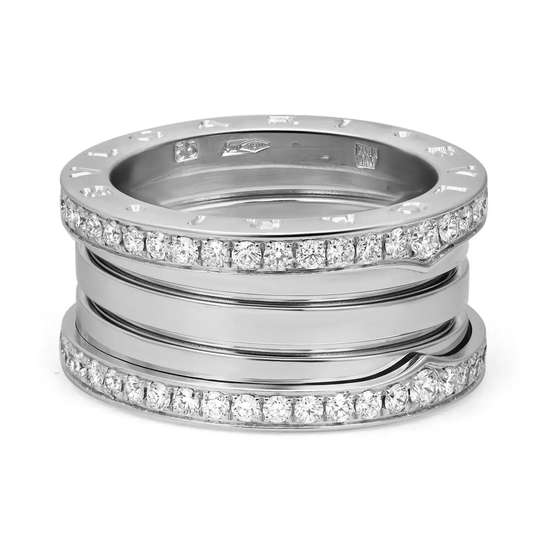 Bvlgari B.Zero1 Diamond Four Band Ring 18K White Gold 1.27ct: Bvlgari B.Zero1 Diamond Four Band Ring 18K White Gold 1.27ct Introducing the exquisite Bvlgari B.Zero1 Diamond Four Band Ring, a stunning piece crafted in luxurious 18K white gold. This unique ring fe