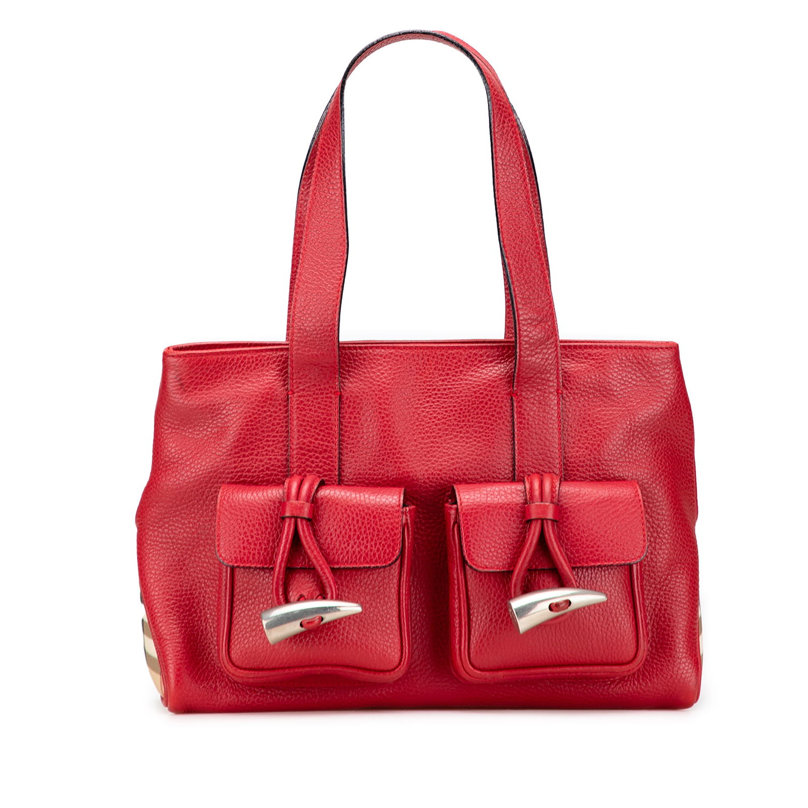 Burberry House Check Grainy Calfskin Tote Bag Red Leather: Burberry House Check Grainy Calfskin Tote Bag Red Leather This Burberry tote bag showcases a luxurious grainy calfskin leather body complemented by flat leather handles and a secure top zip closure. T