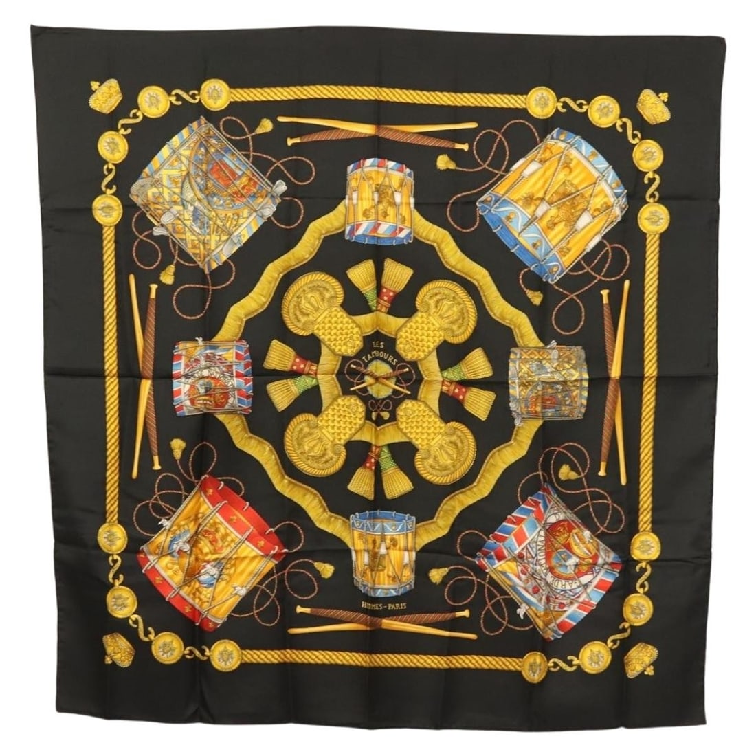 HERMES Carre 90 Scarf LES TAMBOURS Black Silk Made in France: HERMES Carre 90 Scarf LES TAMBOURS Black Silk Made in France Elevate your wardrobe with the HERMES Carre 90 Scarf "LES TAMBOURS," a luxurious black silk scarf that is perfect for any occasion. Crafted