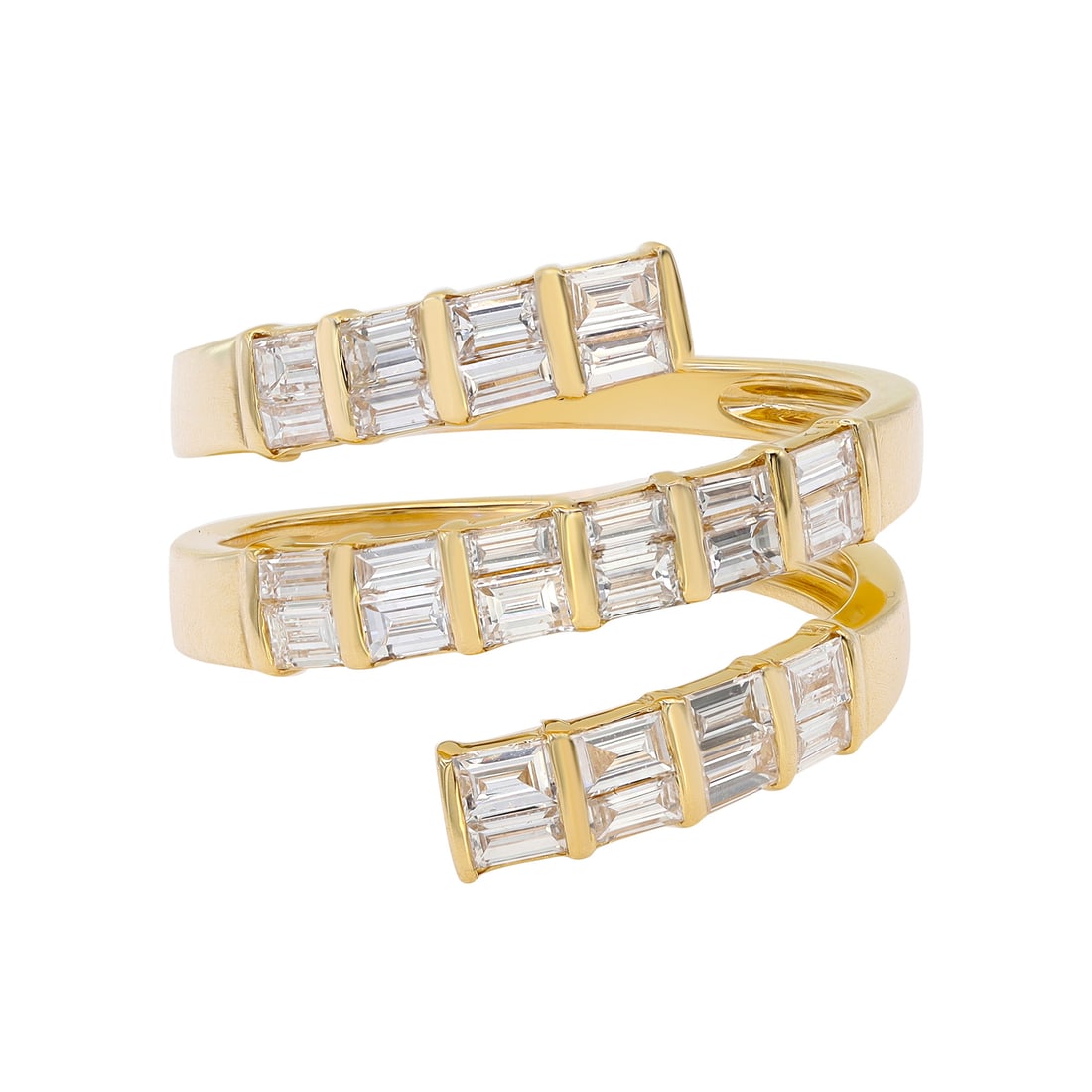 Rachel Koen 18K Yellow Gold Baguette Diamond Spiral Ring 1.20cttw: Rachel Koen 18K Yellow Gold Baguette Diamond Spiral Ring 1.20cttw Elevate your style with this exquisite Baguette Diamond Multi Row Spiral Ring crafted in luxurious 18K yellow gold. This stunning cock