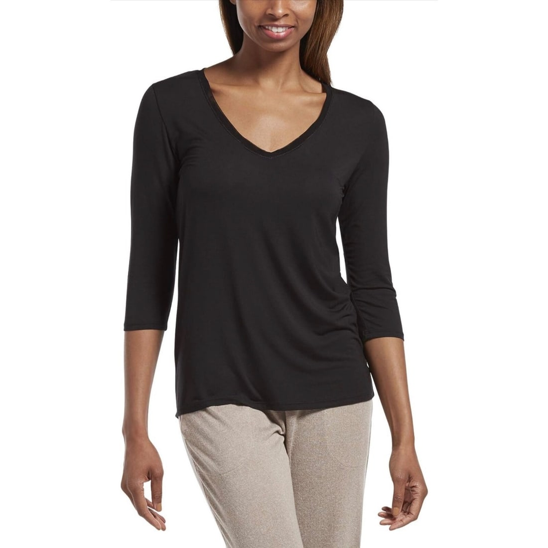 HUE Women's Sleepwell Black V-Neck T-Shirt with Temperature Control: HUE Women's Sleepwell Black V-Neck T-Shirt with Temperature Control The HUE Women's Sleepwell Solid T-Shirt is designed for ultimate comfort, featuring a classic black color and a relaxed fit. Crafted