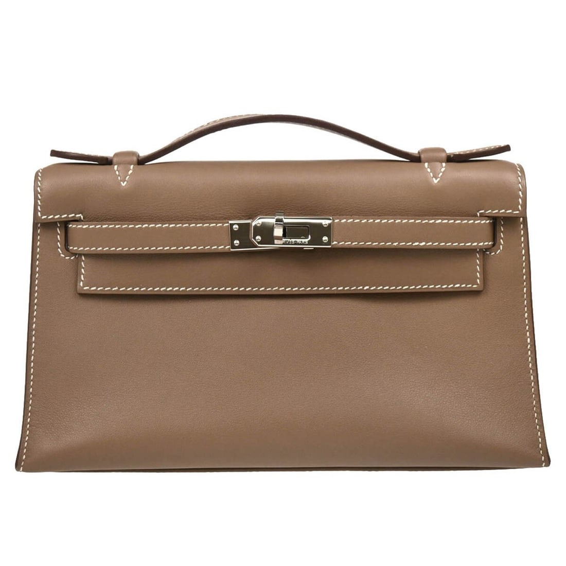Hermes Etoupe Veau Swift Kelly Pochette Handbag with Turn Lock: Hermes Etoupe Veau Swift Kelly Pochette Handbag with Turn Lock This stunning Hermes Etoupe Veau Swift Kelly Pochette Handbag is perfect for casual occasions. With its elegant design and compact size,