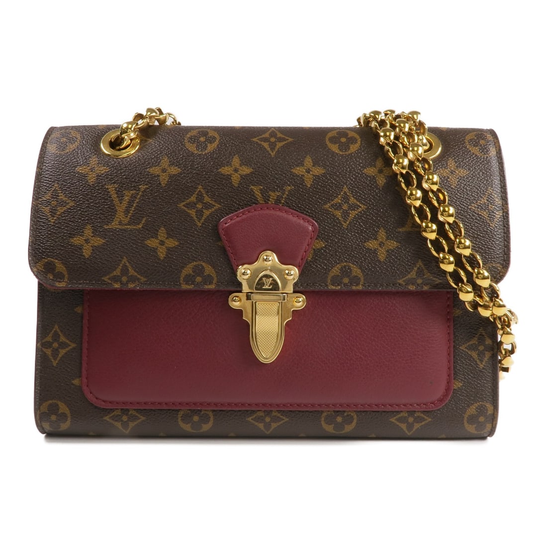 LOUIS VUITTON Victoire Chain Shoulder Bag GHW Monogram Brown: LOUIS VUITTON Victoire Chain Shoulder Bag GHW Monogram Brown This stylish Louis Vuitton Victoire Chain Shoulder Bag showcases the brand's iconic monogram design in a rich brown PVC coated canvas. A pe