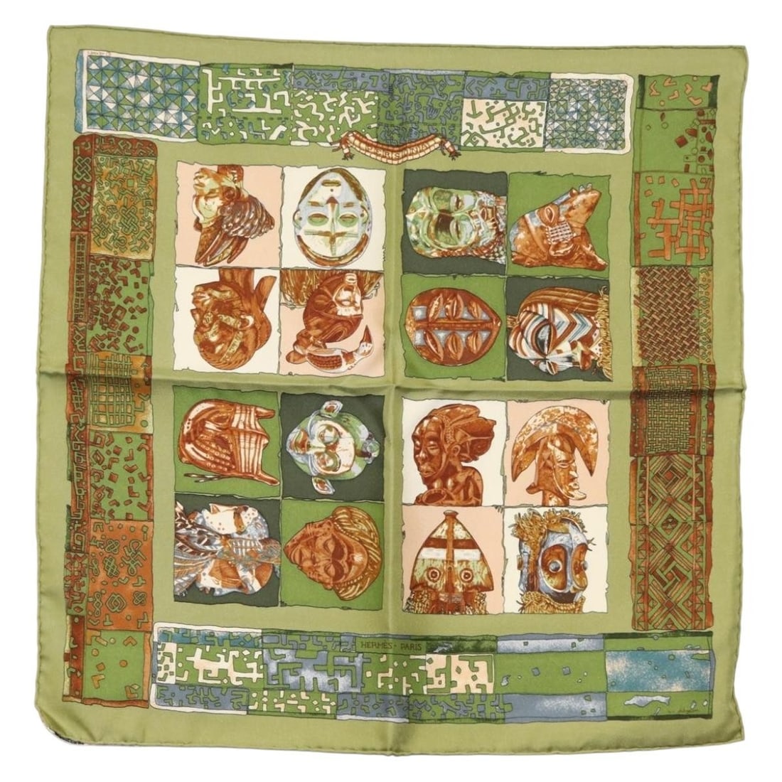 HERMES Petit Carre Silk Scarf Persona Green France Auth: HERMES Petit Carre Silk Scarf Persona Green France Auth Elevate your accessory collection with this exquisite HERMES Petit Carre Scarf in a vibrant green hue. Crafted from luxurious silk, this scarf f