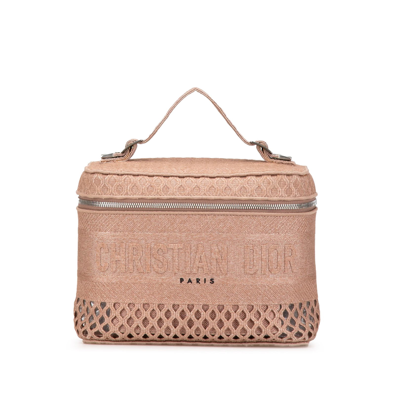 Dior Mesh Embroidered Vanity Case Pink Fabric Italy: Dior Mesh Embroidered Vanity Case Pink Fabric Italy This exquisite Mesh Embroidered Diortravel Vanity Case showcases an embroidered mesh body with intricate perforated detailing. It features a conveni