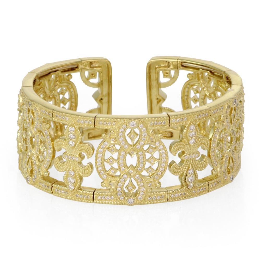 Judith Ripka 3.00ct Diamond 18k Yellow Gold Fleur de Lis Cuff Bracelet: Judith Ripka 3.00ct Diamond 18k Yellow Gold Fleur de Lis Cuff Bracelet This exquisite wide cuff bracelet from Judith Ripka showcases a stunning design crafted from 18k yellow gold, featuring both poli