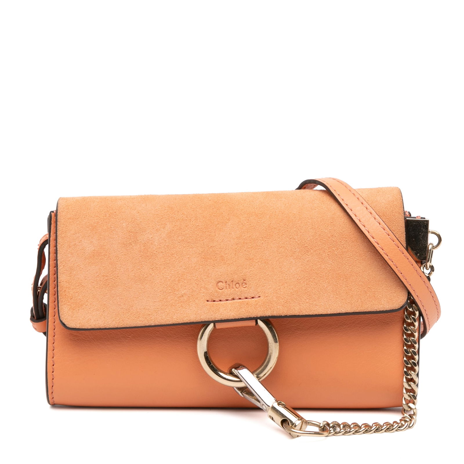 Chloe Small Faye Crossbody Bag in Orange Suede and Calfskin: Chloe Small Faye Crossbody Bag in Orange Suede and Calfskin Introducing the Chloe Small Suede and Calfskin Faye Crossbody, a stylish and functional accessory crafted in Italy. This exquisite bag featu