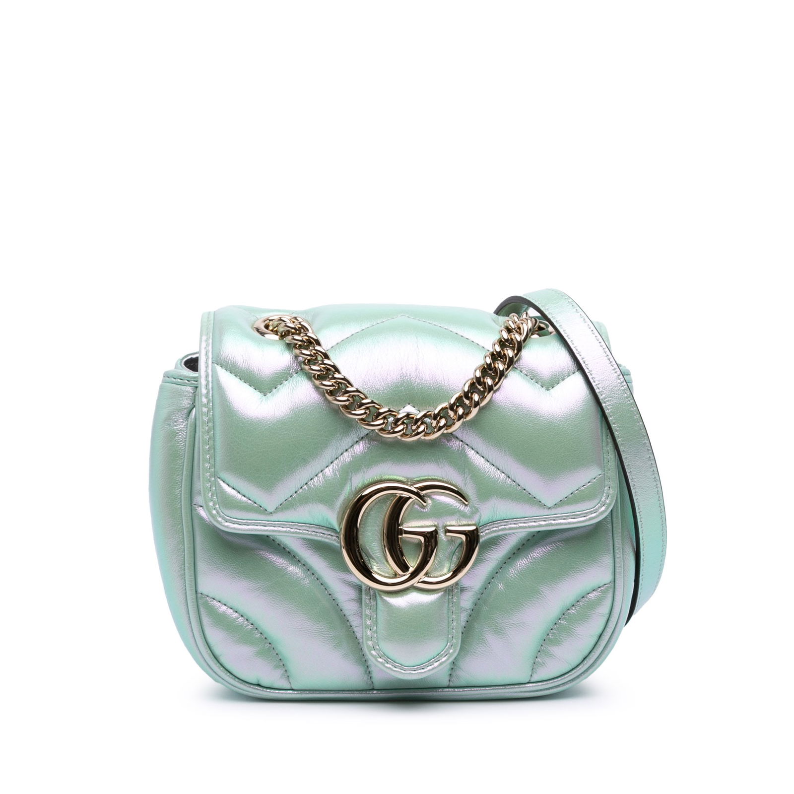 Gucci Mini GG Marmont Iridescent Leather Crossbody Bag Green: Gucci Mini GG Marmont Iridescent Leather Crossbody Bag Green Elevate your style with the Gucci Mini GG Marmont Matelasse Iridescent Leather Flap Crossbody. This exquisite bag is crafted from quilted i