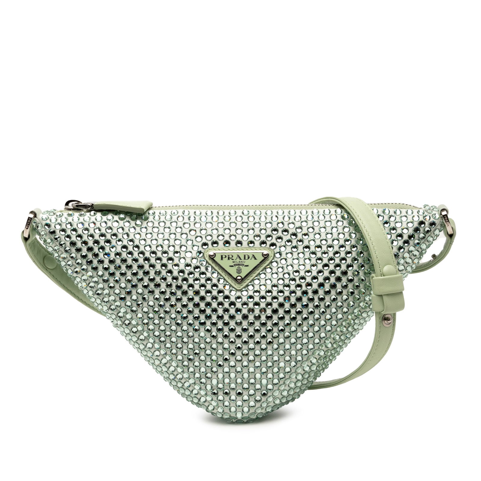 Prada Green Satin Crystal Triangle Pouch Shoulder Bag: Prada Green Satin Crystal Triangle Pouch Shoulder Bag Elevate your accessory game with the Prada Satin Crystal Embellished Triangle Pouch, a stunning shoulder bag that combines elegance with modern st