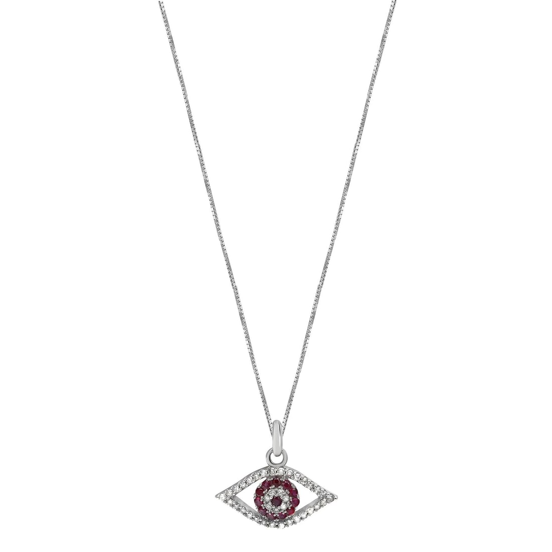 Rachel Koen Evil Eye Ruby Diamond Pendant Necklace 14K White Gold 18 Inches: Rachel Koen Evil Eye Ruby Diamond Pendant Necklace 14K White Gold 18 Inches Elevate your style with this exquisite Evil Eye Ruby and Diamond Pendant Necklace, meticulously crafted in 14K white gold. T