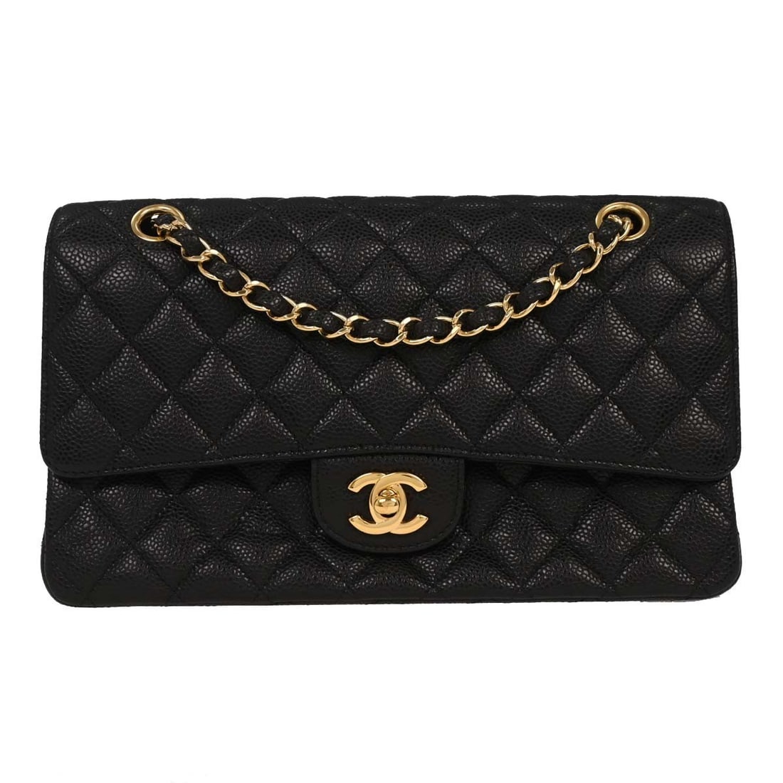Chanel Black Caviar Leather Medium Classic Double Flap Shoulder Bag: Chanel Black Caviar Leather Medium Classic Double Flap Shoulder Bag This Chanel Medium Classic Double Flap Shoulder Bag is crafted from luxurious black caviar skin leather, showcasing a timeless matel