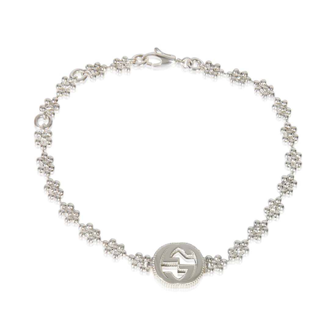 Gucci Sterling Silver Small Interlocking G Cluster Bracelet 7.5in with Box: Gucci Sterling Silver Small Interlocking G Cluster Bracelet 7.5in with Box This elegant Gucci bracelet features the iconic Small Interlocking G design, crafted from high-quality sterling silver with a