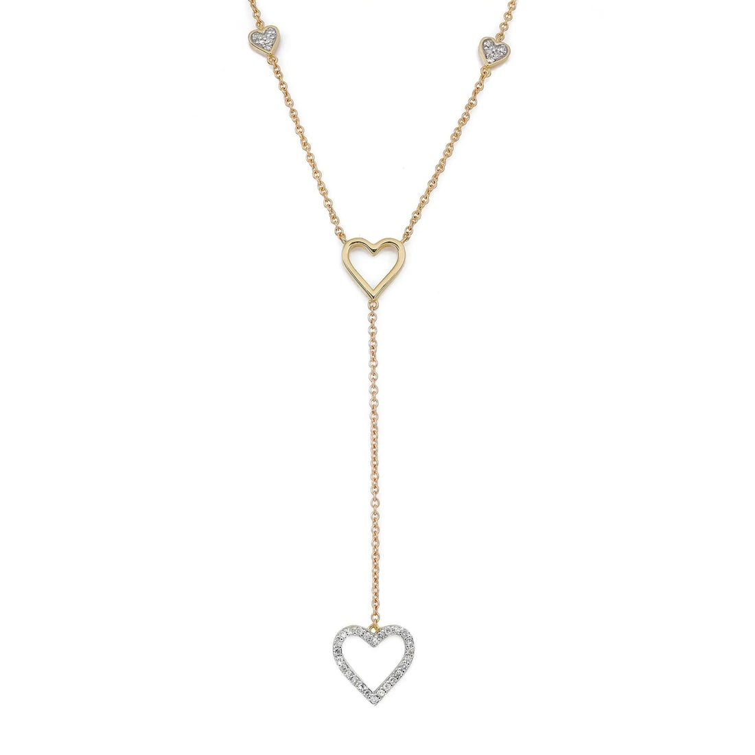 Rachel Koen 14K Yellow Gold Diamond Heart Lariat Necklace 0.14Cttw: Rachel Koen 14K Yellow Gold Diamond Heart Lariat Necklace 0.14Cttw This exquisite Diamond Heart Lariat Necklace is a stunning piece crafted in high-polished 14K yellow gold. Featuring two elegantly de