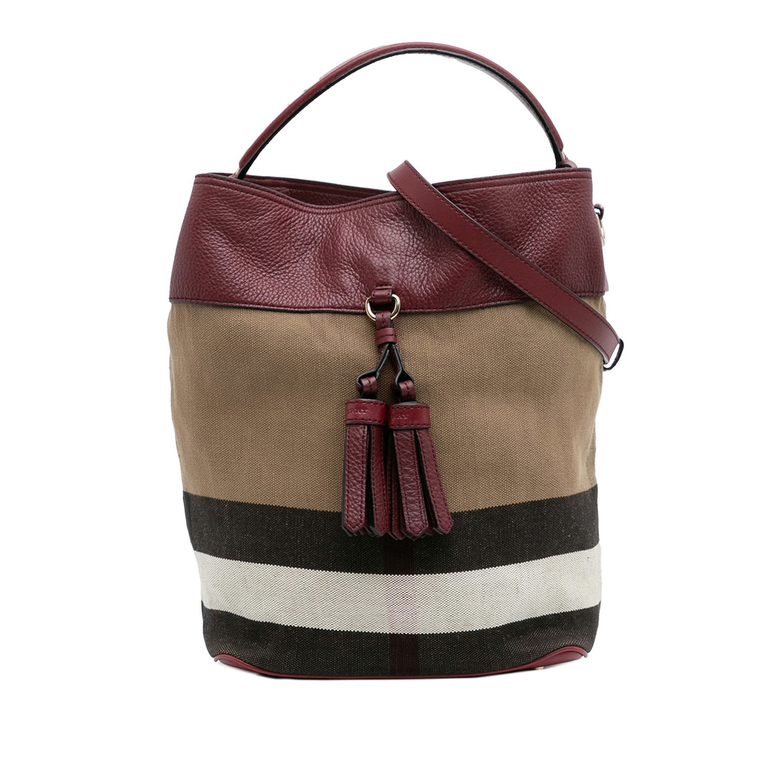 Burberry Medium Mega Check Ashby Bucket Bag with Leather Trim: Burberry Medium Mega Check Ashby Bucket Bag with Leather Trim The Burberry Medium Mega Check Canvas and Grained Calfskin Ashby Tassel Bucket Bag showcases a striking mega check canvas body complemente