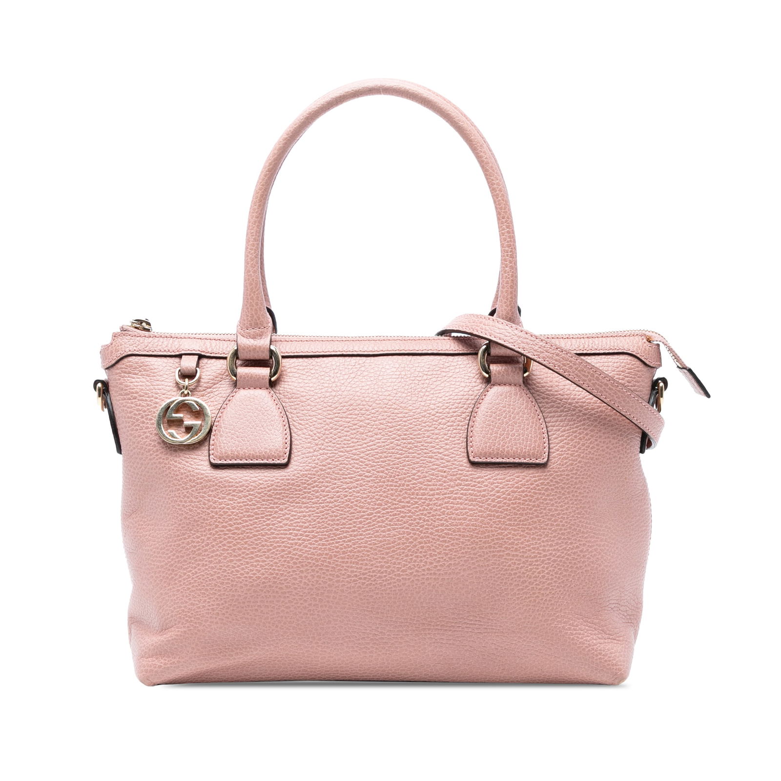 Gucci Dollar Calfskin GG Charm Satchel Pink Leather Handbag: Gucci Dollar Calfskin GG Charm Satchel Pink Leather Handbag Introducing the Gucci Dollar Calfskin GG Charm Satchel, a stylish and functional accessory crafted from high-quality leather. This satchel s