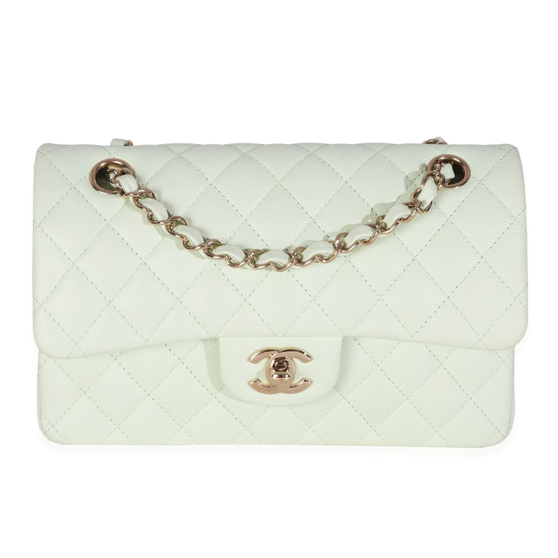 Chanel Light Green Caviar Small Classic Double Flap Bag with Accessories: Chanel Light Green Caviar Small Classic Double Flap Bag with Accessories This exquisite Chanel Small Classic Double Flap Handbag features a light green quilted caviar leather exterior, offering a chic