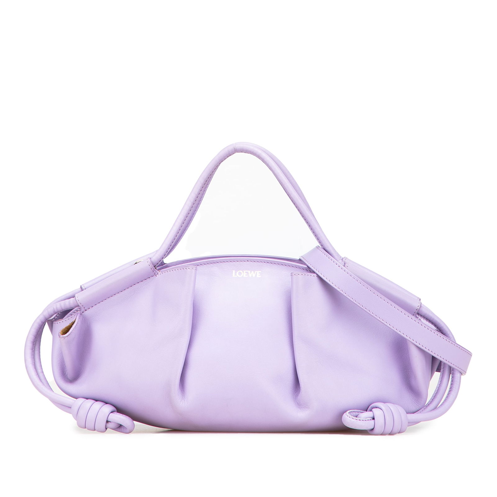 LOEWE Purple Small Shiny Calfskin Paseo Satchel with Detachable Strap: LOEWE Purple Small Shiny Calfskin Paseo Satchel with Detachable Strap This LOEWE Small Shiny Calfskin Paseo Satchel is a stylish and functional accessory, featuring a pleated leather body that enhance