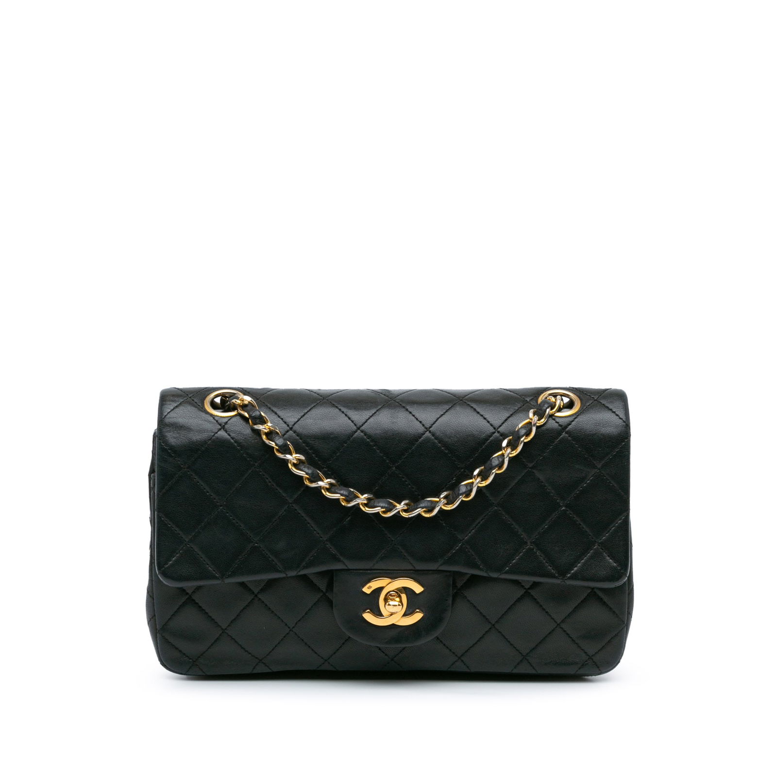 Chanel Small Classic Double Flap Black Lambskin Shoulder Bag: Chanel Small Classic Double Flap Black Lambskin Shoulder Bag Introducing the Chanel Small Classic Lambskin Double Flap, a timeless shoulder bag crafted from luxurious quilted lambskin. This elegant ba