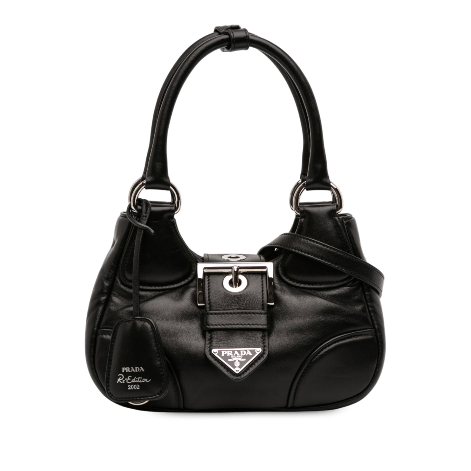Prada Nappa Soft Padded Re Edition 2002 Moon Satchel Black Leather: Prada Nappa Soft Padded Re Edition 2002 Moon Satchel Black Leather The Prada Nappa Soft Padded Re Edition 2002 Moon Satchel is a stylish and functional bag crafted from high-quality nappa leather. It