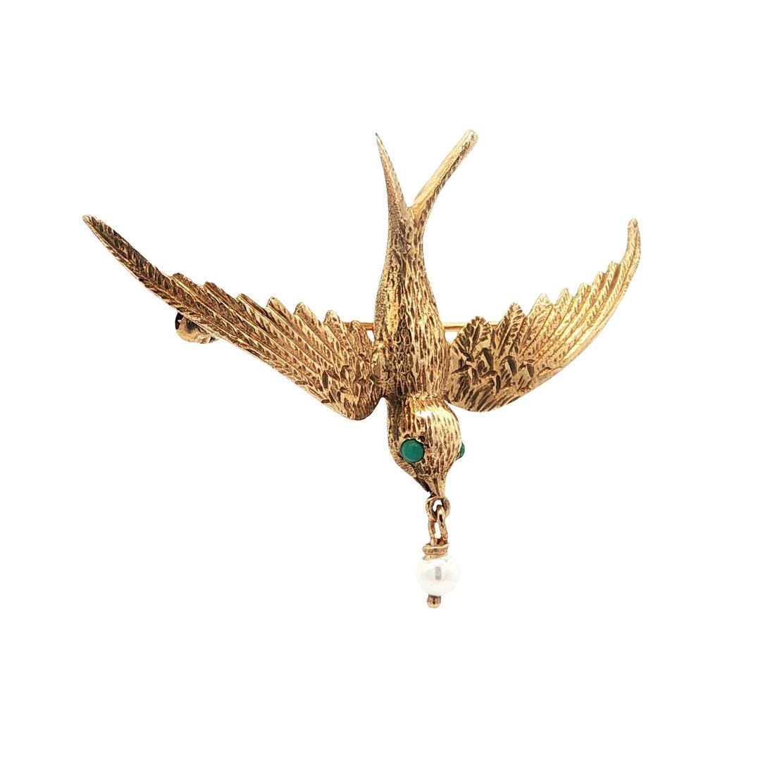 Vintage Yellow Gold Swallow Brooch with Turquoise Eyes and Pearl Dangle (1 of 5)