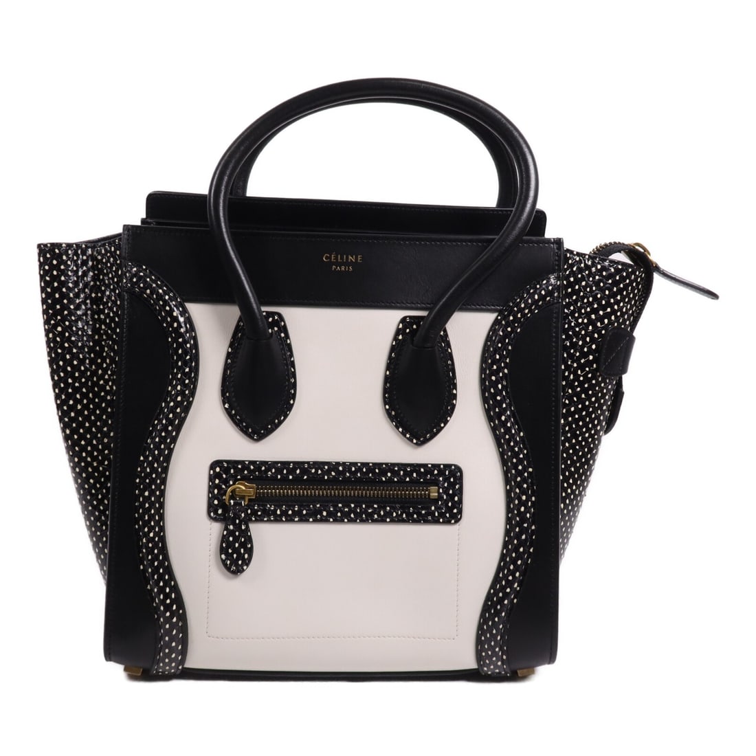 CELINE GHW Micro Luggage Tote Black White Calfskin Leather Handbag: CELINE GHW Micro Luggage Tote Black White Calfskin Leather Handbag Introducing the CELINE Micro Luggage Tote Hand Bag, a sophisticated accessory crafted from premium calfskin leather. This stylish han