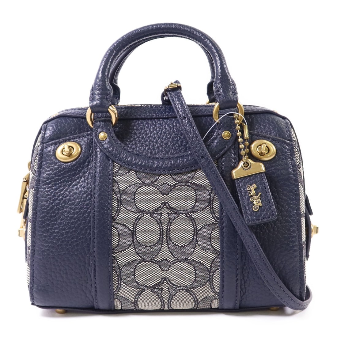 COACH GHW Lark 2 Way Shoulder Bag Calfskin Leather Navy Gray: COACH GHW Lark 2 Way Shoulder Bag Calfskin Leather Navy Gray This stylish COACH Lark Bag is a versatile 2-way shoulder bag crafted from premium calfskin leather and canvas. The elegant navy blue exter